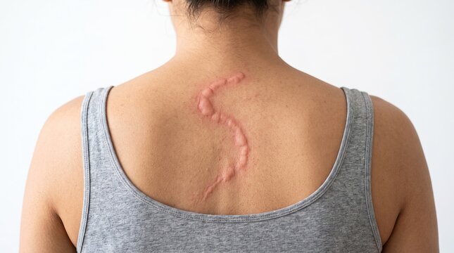 Rear view of woman back with severe raised red keloid scar shaped like letter S