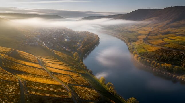Serene misty rural landscape river reflecting sky golden vineyards rolling terrain aerial drone view