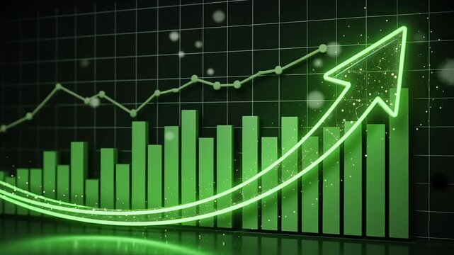 Green Financial Growth Chart with Rising Arrow and Bar Graph, Business Success, Investment and Economic Growth Concept