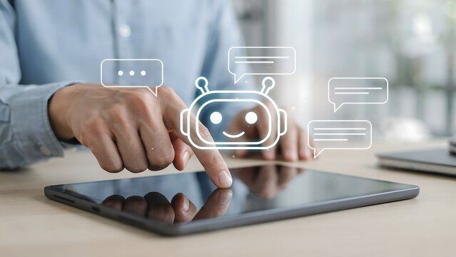 Person's finger interacting with chatbot icon on tablet screen with conversation bubbles in office