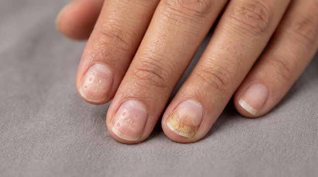 Close up shot of human fingernails affected by nail psoriasis pitting and fungal infection