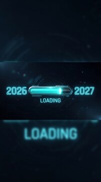 A futuristic loading bar transitions from 2026 to 2027, symbolizing the imminent arrival of the new year with a vibrant, digital glow.