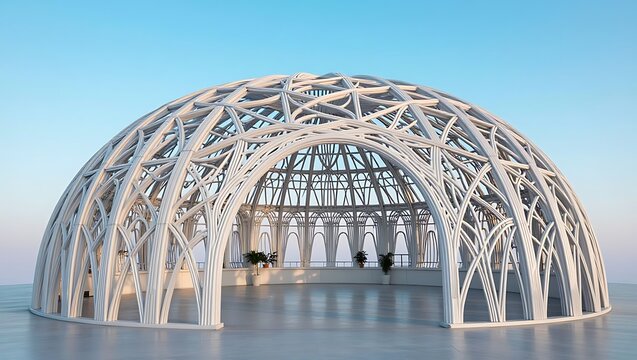 A majestic dome structure crafted with intricate white branch-like patterns stands elegantly on a minimalist outdoor platform under a clear blue sky.