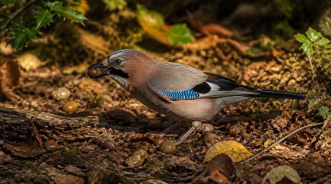Eurasian Jay collecting acorns on forest floor amidst fallen leaves autumn woodland scene