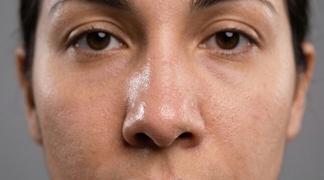 Extreme macro close up of woman face showing oily T-zone enlarged pores and shiny nose sebum