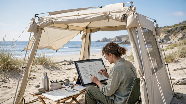 Designer working under portable wind resistant sun canopy on secluded beach using matte screen tablet