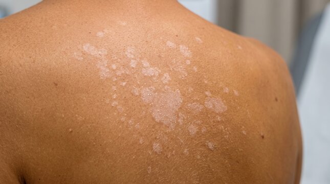 Rear view of human upper back showing hypopigmented white patches of tinea versicolor fungal infection