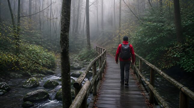 Adult male hiker wearing jacket backpack hiking wooden bridge foggy forest lush greenery serene ambiance