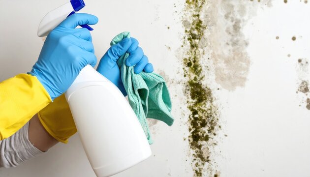 Gloved hands cleaning green and black mold off a white wall with a spray bottle and cloth