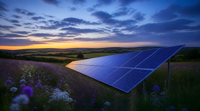 Solar panels standing idyllic field wildflowers sunset rural landscape serene nature renewable energy sustainable power generation
