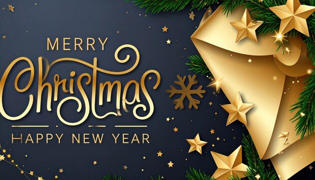 Merry Christmas and Happy New Year elegant golden text on a dark blue background with festive stars, pine branches, and a golden envelope.