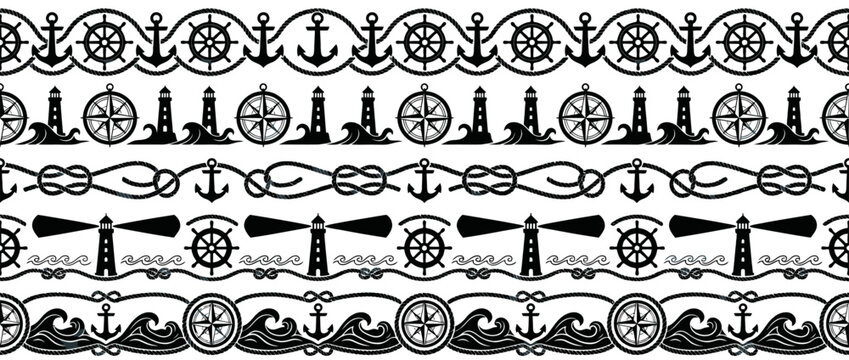 Nautical Borders Collection: Anchors, Wheels, Compasses, Lighthouses, Waves, Knots