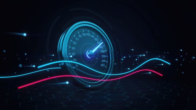 Speedometer Graphic with Digital Lines and Hexagonal Background. Speed, Velocity, and Data Transfer Concept
