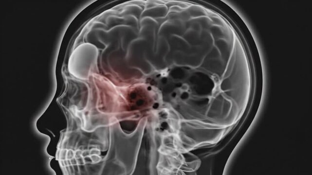 Medical X ray of human skull and brain with highlighted red area indicating potential issue or anomaly