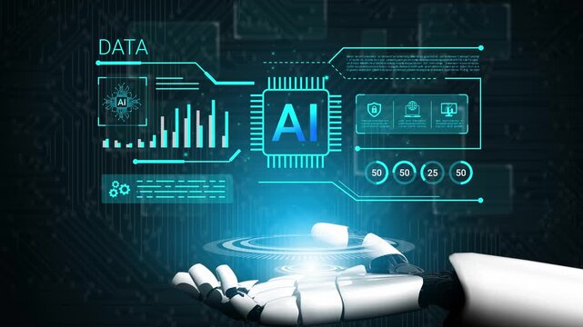 Futuristic Artificial Intelligence Data Visualization with Robot Hand Interacting with Graphs and Metrics in a Digital Environment Gluon.