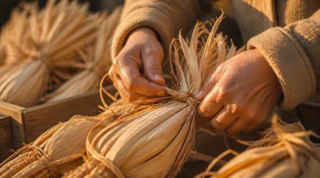 Close up of hands tying raffia around bundles outdoors on farmland under natural sunlight showcasing rustic craftsmanship labor intensive process