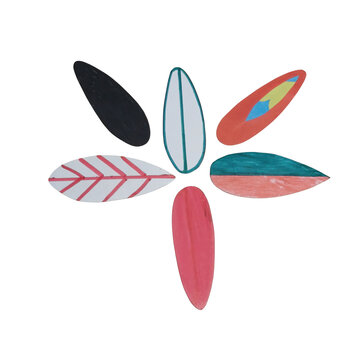 Five surfboard shaped paper cutouts arranged in a star pattern with colorful hand-painted and solid colors on a white background isolated on a transparent background