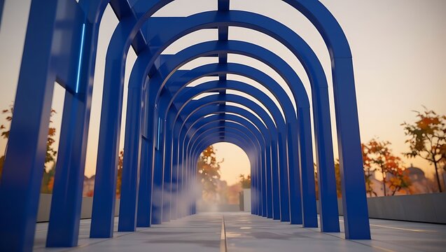A captivating perspective down a long tunnel of recurring blue architectural arches, with atmospheric mist lingering and autumnal trees glowing warmly in the distance.