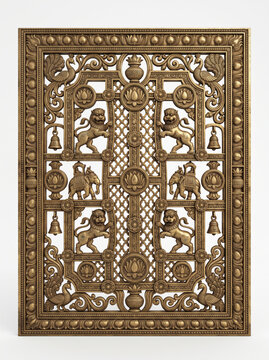 Ornate Antique Brass Jaali Panel with Lotus Lattice, Floral Carving and Traditional Indian Temple Ornament