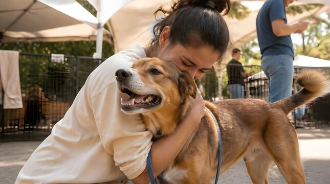 Young woman hugging dog outdoors trees black fence people walking umbrella event shelter affectionate interaction happy content realistic eye lev