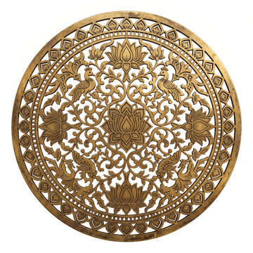 Round Antique Brass Jaali Medallion with Central Lotus, Radial Floral Lattice and Ornate Temple Carving