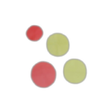 Four circular shapes in red and yellow, arranged in an asymmetrical pattern on a white background, flat isolated on a transparent background