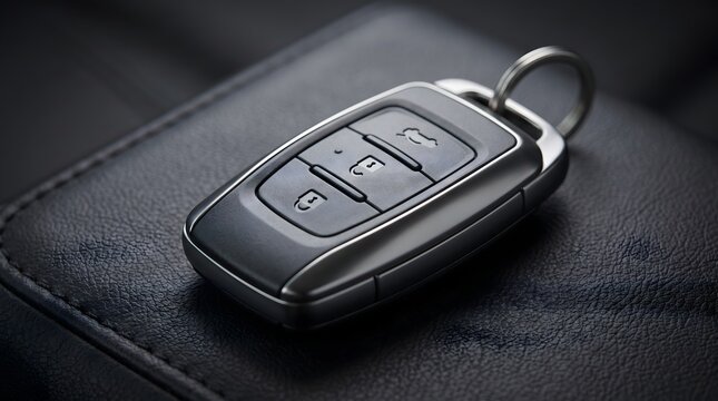 Close-up of a modern smart car key fob resting on textured black leather surface