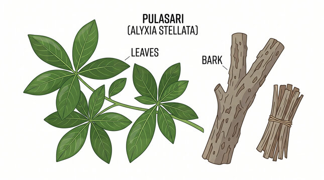 Pulasari leaves and bark botanical illustration. Alyxia stellata medicinal plant drawing.