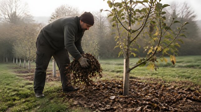 Gardener spreading leaf mulch around young tree under soft morning light open field landscape