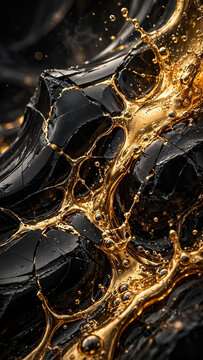 Molten gold liquid flowing through cracked black obsidian glass creating abstract bubbles and glitch distortion on luxury iPhone wallpaper