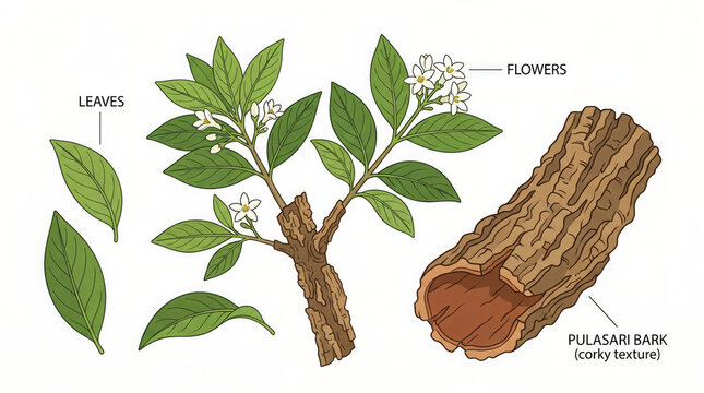Pulasari medicinal plant illustration. Botanical drawing of Alyxia reinwardtii bark and leaves.