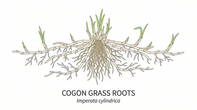 Cogon grass root system illustration. Detailed botanical drawing of Imperata cylindrica.