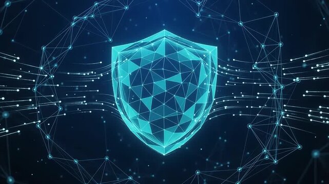 Digital shield icon glowing brightly with cyan light amidst complex geometric network lines and dark blue background.