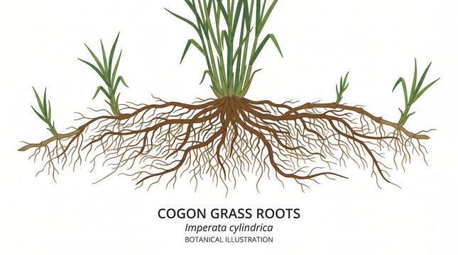 Cogon grass root system illustration. Botanical diagram of Imperata cylindrica rhizomes.