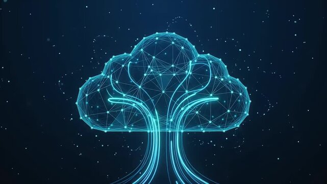 Digital cloud tree composed of glowing blue lines pulses with data streams in a dark starry cosmos, perfect for technology presentations.
