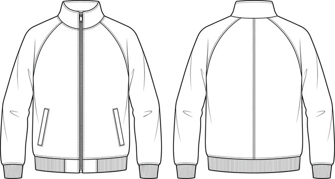 Men track jacket technical drawing vector template with front and back views