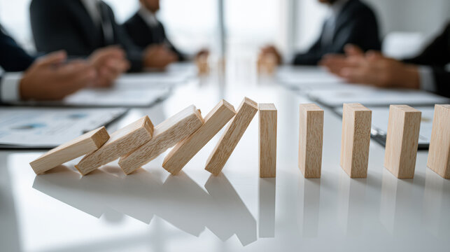 Wooden dominoes falling in a chain reaction on a reflective table with blurred businesspeople in the background, symbolizing risk and cause-effect in a corporate setting.