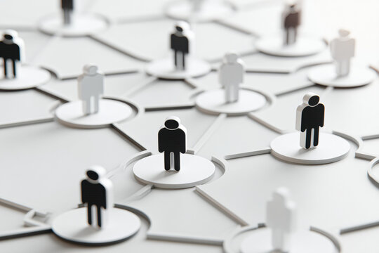 Network of paper cutout people connected by lines symbolizing social or professional connections and communication.