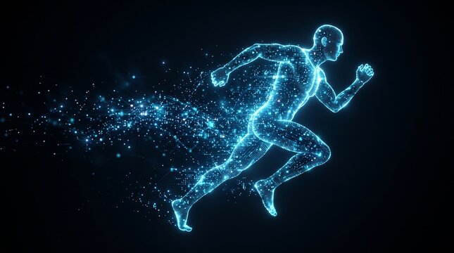 Digital holographic running human figure particles motion illustration