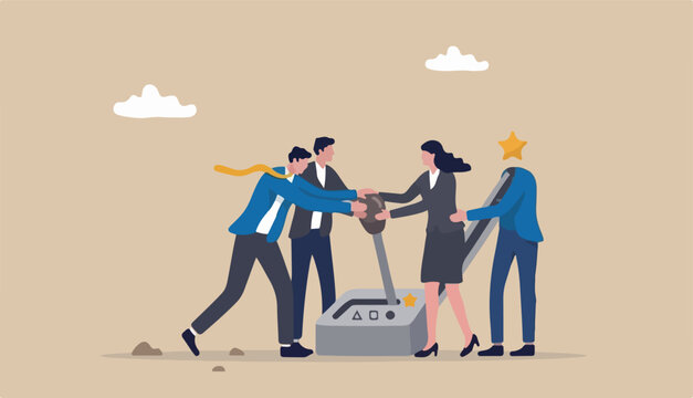 Paradigm shift to technology new business level, control shifting speed company growth, transformation and disruption concept, businessman team shifting transmission knob faster new level (11)