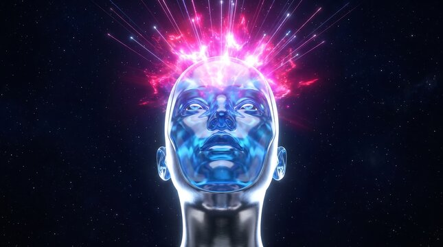 3D cyborg ai brain mind awakening neural network illustration