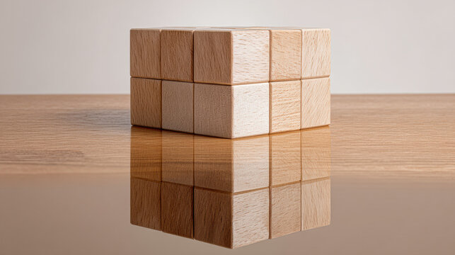 A metallic textured cube is placed on a reflective wooden surface, creating a mirrored effect beneath it against a neutral background.