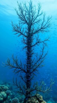 Underwater view of a large gorgonian coral with branching structure and fish swimming nearby in clear blue water