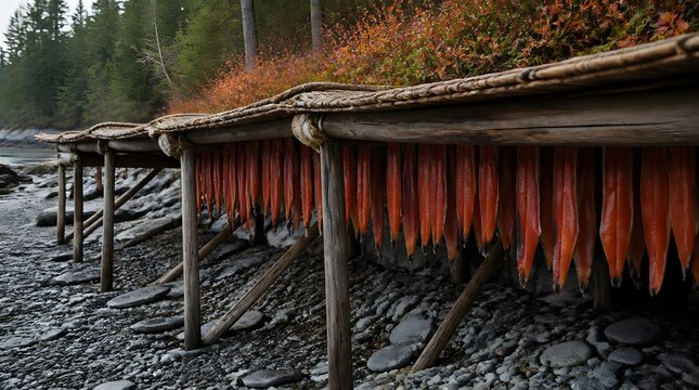 Salmon drying rack over rocky riverbank under autumn foliage rustic wooden frame rows of fish hanging to dry natural light realistic wide shot