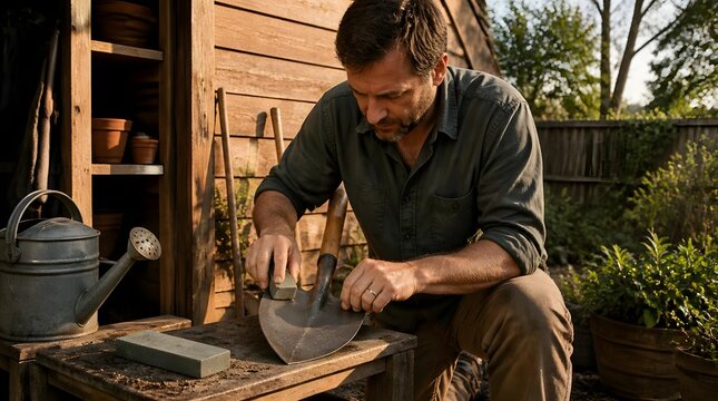 Gardener sharpening hand saw on outdoor workbench surrounded by gardening tools and potted plants serene garden shed setting