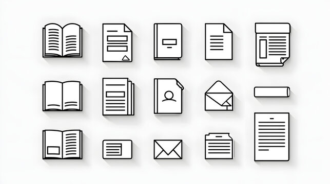 Book, print collateral line icons set. Brochure, catalog, flyer, envelope, letterhead flat minimal vector illustrations. Simple outline signs for publishing house. Blue duotone color