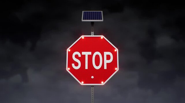 Glowing Solar power LED Stop Sign at night