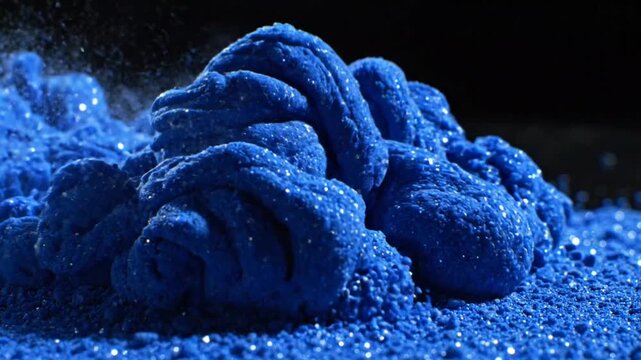Ultramarine Sand Micro Particles Floating and Merging in Dark Abstract Space