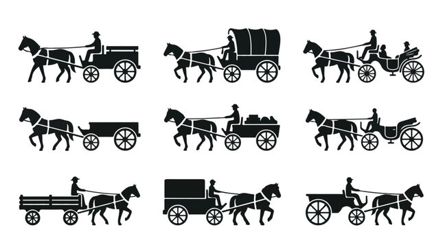 Vintage Horse Carriage and Wagon Silhouette Set - Antique Transportation Vector Icons
