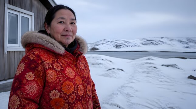 Inuit woman wearing traditional clothing standing outdoors snowy landscape overcast sky remote Arctic region